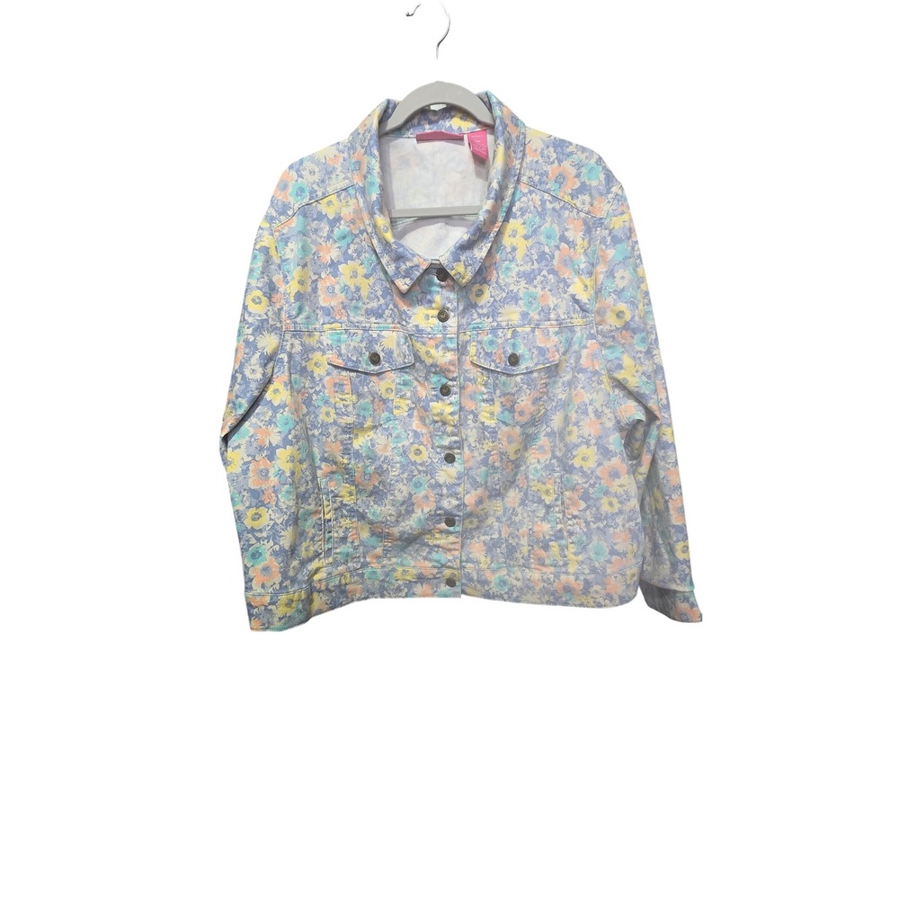 Woman Within Floral Denim Jacket Womens XL Blue Pastel Flower Trucker Coat